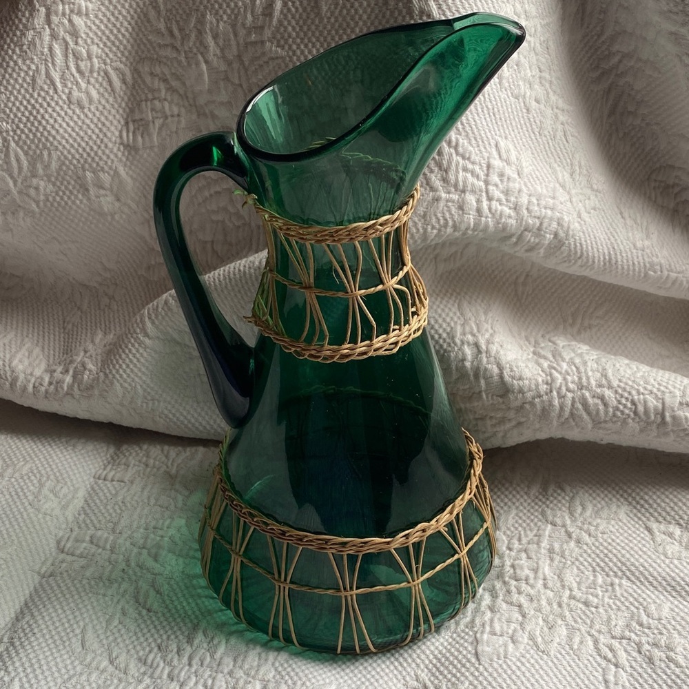 Empoli Italian Emerald Green Glass Wicker Pitcher